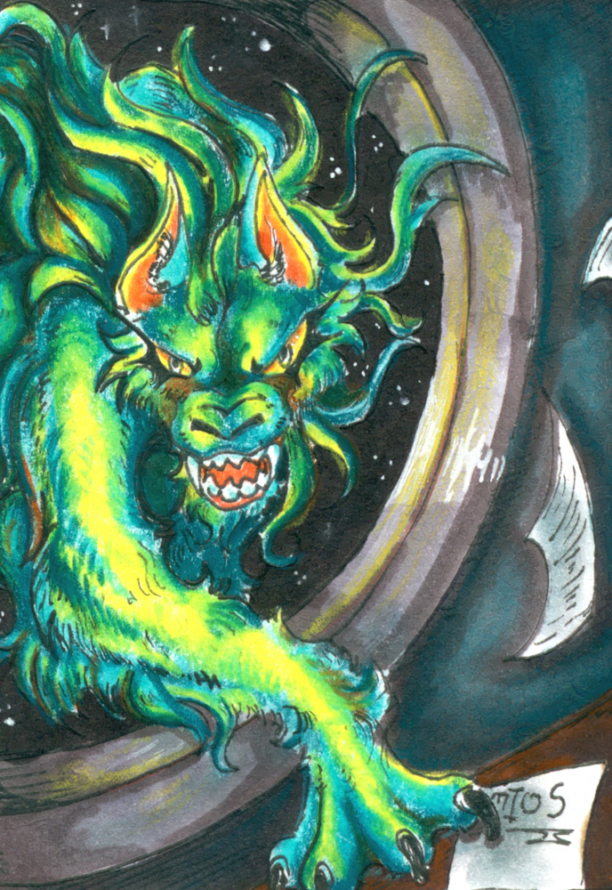 a snarling big cat colored in bright blues and yellows. it is entering through a port hole that leads to an abyss.